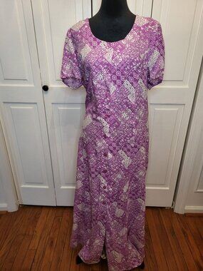 NWT Purple Patchwork Rayon Button Front Dress L Smocking Pockets Cottage Boho